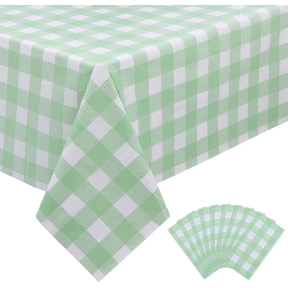 9 Packs Sage Green Gingham Tablecloth White Checkered Table Cloths 54 x 108 Inches Disposable Plastic Tablecovers Waterproof Picnic Camping Party