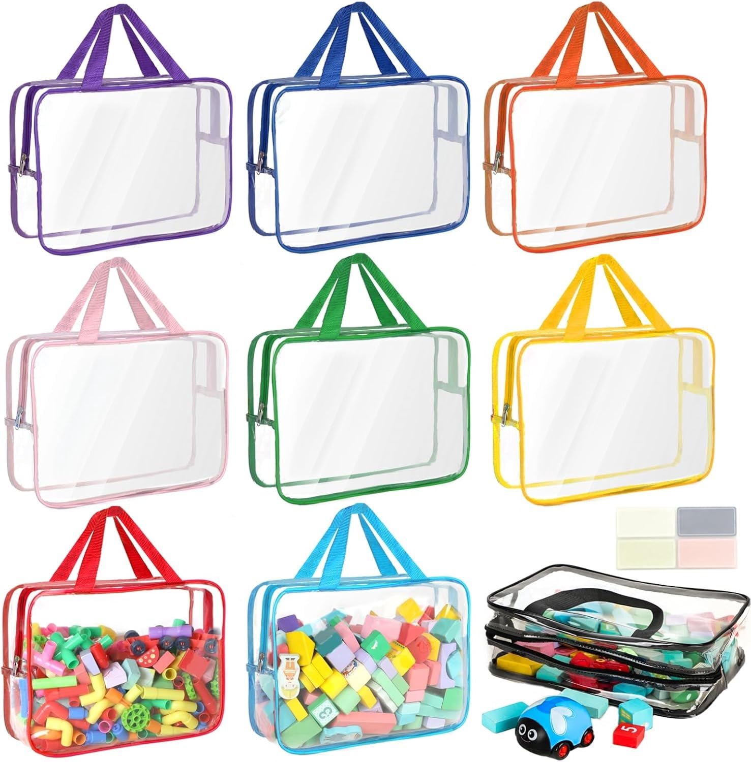 9 Packs Toy Storage Bags with Labels,Large PVC Reusable Board Game Storage Containers Clear Zipper Pouches Waterproof Travel Organizer Bags for Building Blocks, Puzzle, Kids Books, Stationery, Makeup
