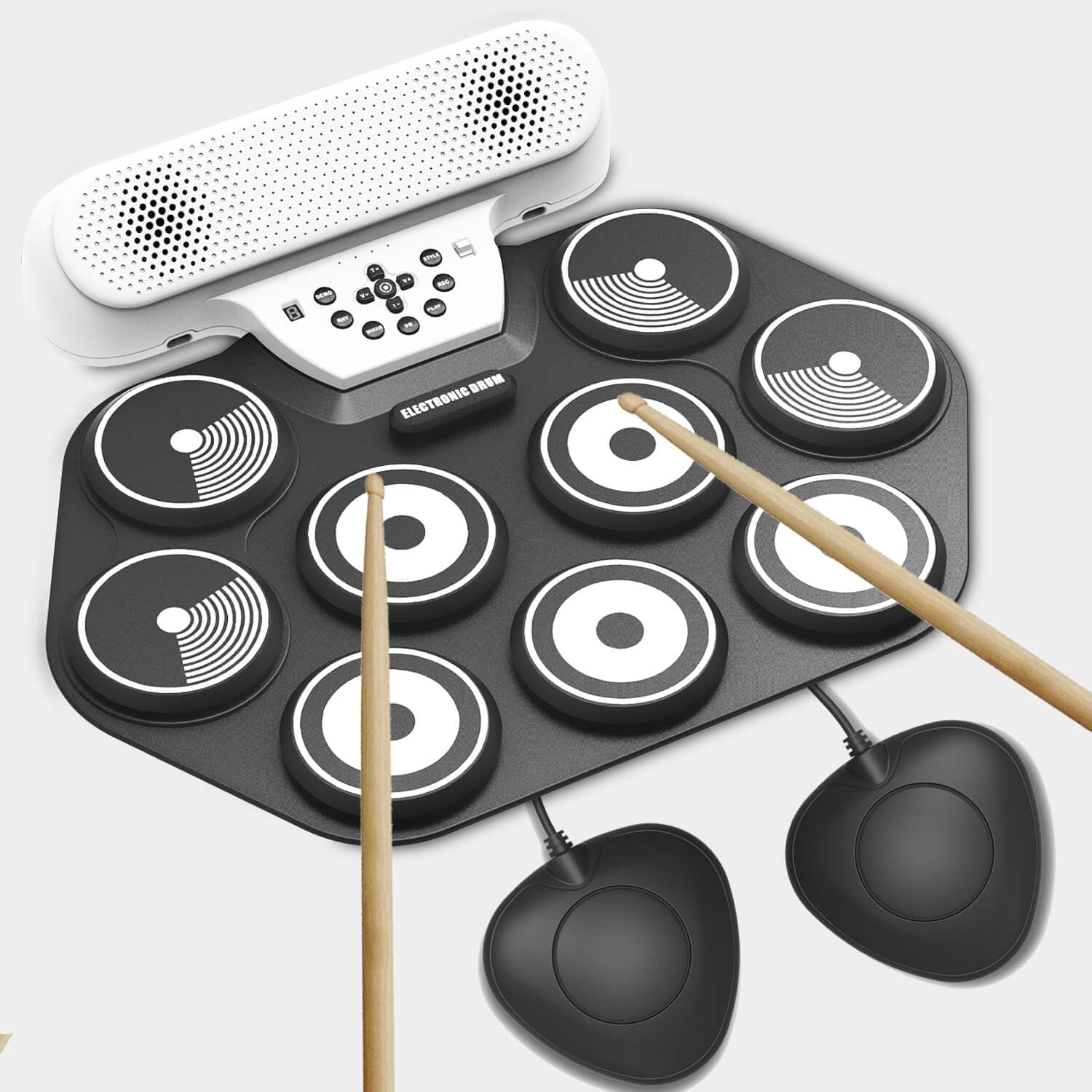 9-Pad Electric Drum Set for Kids & Beginners - Portable Roll Up Electronic Drum with 0.4" Thickened Pads, 10-Hour Rechargeable Battery, Headphone Jack - Supports DTX Games (Sticks & Pedals Included)