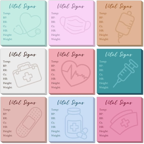 9 Pads 450 Sheets Nurse Sticky Notes, Vital Signs Sticky Notes for , CNA Assistant Gifts, Nurse Notepad for Recording Temp BP RR O2 HR, Week Gifts (Colorful, Classic)