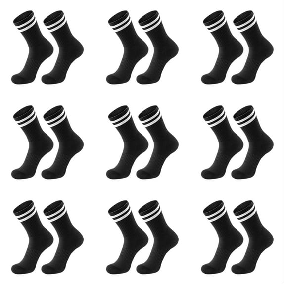 9 Pair Black Athletic Crew Socks with Classic Two Stripes Design for Sports School and Casual Wear Comfortable Breathable Cushioned Socks for and Polyester