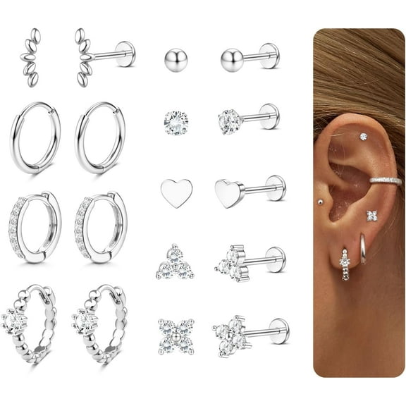 9 Pairs 14K Gold Plated Threadless Flat Back Earrings Cartilage Earring Set Stainless Steel Helix Earrings for Women Flatback Stud Hoop Cartilage Earring Set for Multiple Piercing