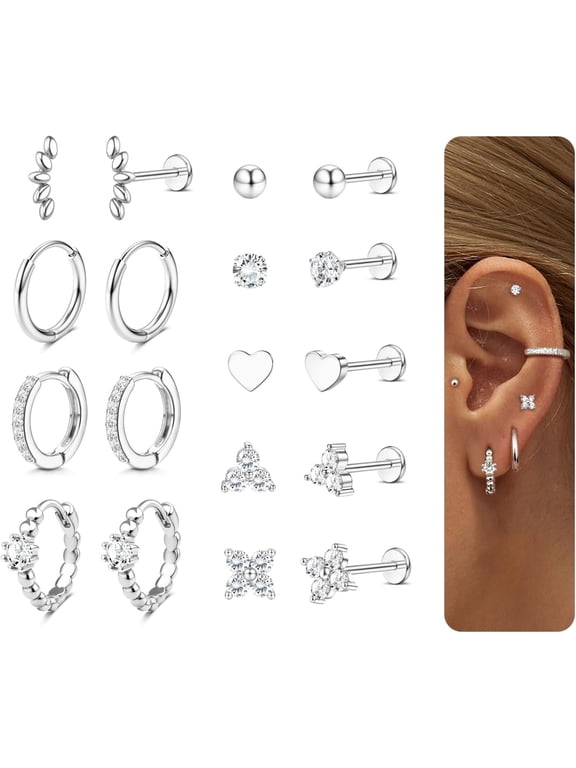 9 Pairs 14K Gold Plated Threadless Flat Back Earrings Cartilage Earring Set Stainless Steel Helix Earrings for Women Flatback Stud Hoop Cartilage Earring Set for Multiple Piercing
