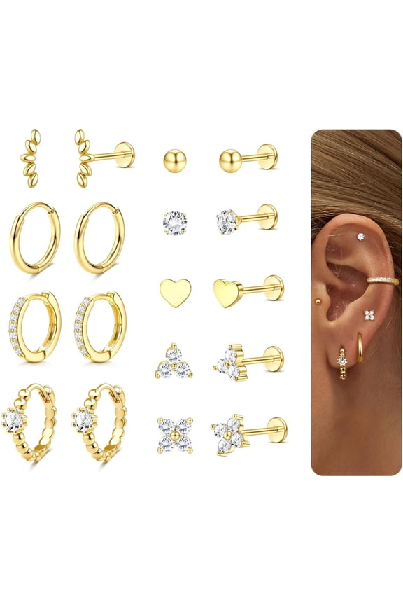 9 Pairs 14K Gold Plated Threadless Flat Back Earrings Cartilage Earring Set Stainless Steel Helix Earrings for Women Flatback Stud Hoop Cartilage Earring Set for Multiple Piercing