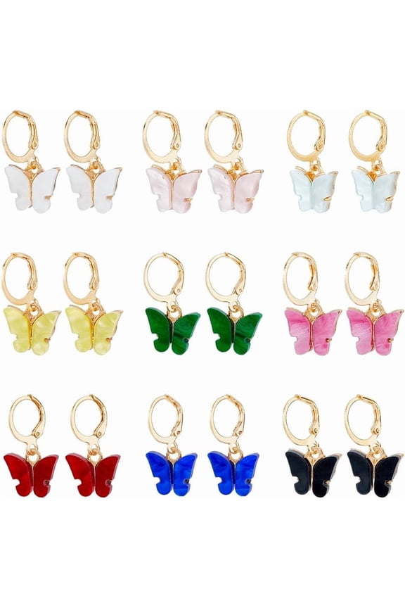 9 Pairs 9 Colors Butterfly Hoop Earrings Acrylic Butterfly Dangle Leverback Earrings Tiny Hoop Earrings Colorful Butterfly Earrings Golden Hoop Earrings for Women