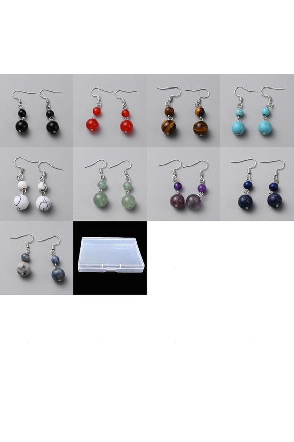9 Pairs 9 Style Mixed Round Beaded Dangle Earrings Platinum Plated Iron Jewelry for Women 43mm Pin: 0.7mm 1 Pair/style
