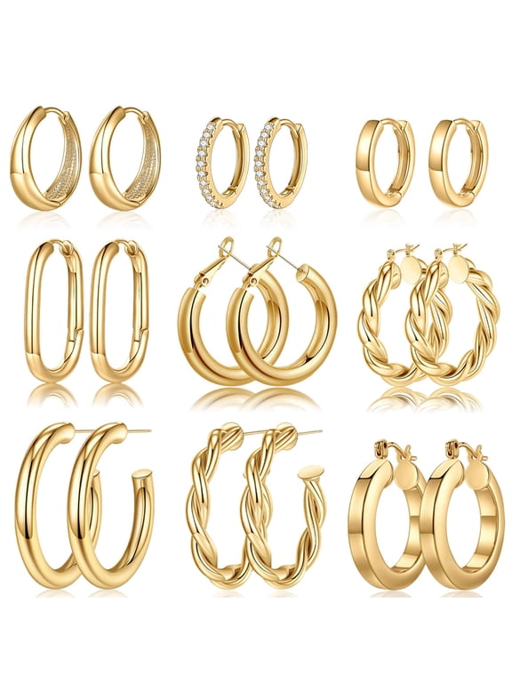 9 Pairs 14K Gold Plated Twisted Chunky Huggie Hoop Earrings Set for Women Trendy Hypoallergenic Thick Lightweight Fashion Accessories Jewelry Birthday Gifts for Women Her Mom Wife Ideas