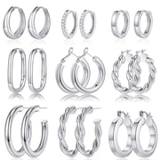 9 Pairs 14K White Gold Plated Twisted Chunky Huggie Hoop Earrings Set for Women Sensitive Ears Waterproof Thick Lightwei