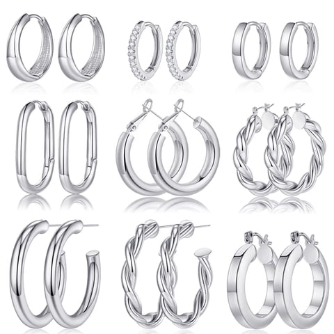 Turandoss 9 Pairs 14K White Gold Plated Twisted Chunky Huggie Hoop Earrings Set for Women Sensitive Ears Waterproof Thick Lightweight Fashion Accessories Jewelry Birthday Gifts for Her Mom Wife Ideas