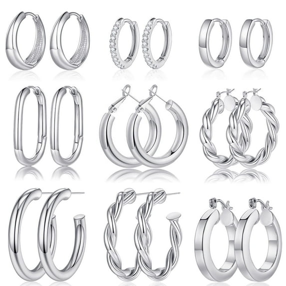 Turandoss 9 Pairs 14K White Gold Plated Chunky Twisted Huggie Hoop Earrings Set for Women Hypoallergenic Tarnish Free Jewelry Trend Birthday Gifts for Women