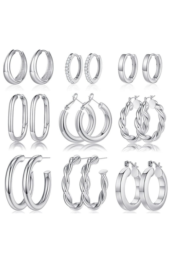 9 Pairs 14K White Gold Plated Chunky Twisted Huggie Hoop Earrings Set for Women Hypoallergenic Tarnish Free Jewelry Trend Birthday Gifts for Women
