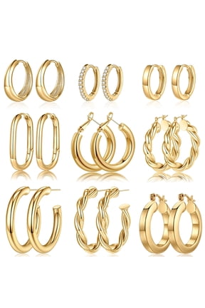 9 Pairs 14K Gold Plated Twisted Chunky Huggie Hoop Earrings Set for Women Trendy Hypoallergenic Thick Lightweight Fashion Accessories Jewelry Birthday Gifts for Women Her Mom Wife Ideas