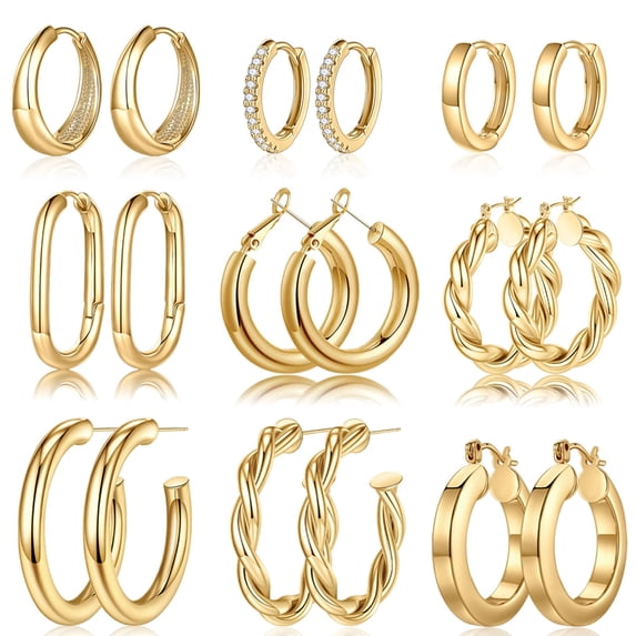 Turandoss 9 Pairs 14K Gold Plated Twisted Chunky Huggie Hoop Earrings Set for Women Trendy Hypoallergenic Thick Lightweight Fashion Accessories Jewelry Birthday Gifts for Women Her Mom Wife Ideas