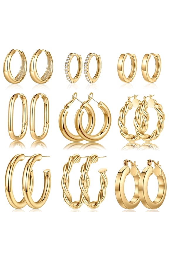 9 Pairs 14K Gold Plated Twisted Chunky Huggie Hoop Earrings Set for Women Trendy Hypoallergenic Thick Lightweight Fashion Accessories Jewelry Birthday Gifts for Women Her Mom Wife Ideas