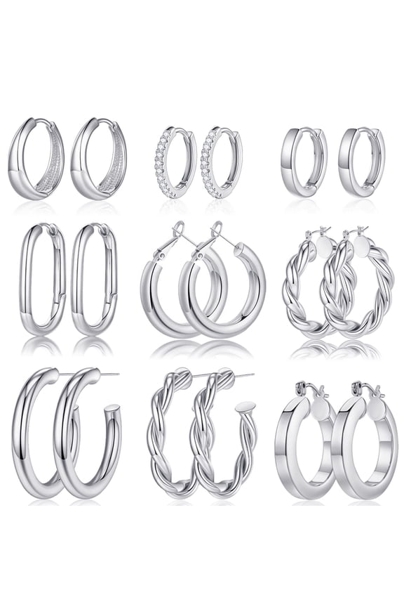 9 Pairs 14K White Gold Plated Twisted Chunky Huggie Hoop Earrings Set for Women Sensitive Ears Waterproof Thick Lightweight Fashion Accessories Jewelry Birthday Gifts for Her Mom Wife Ideas