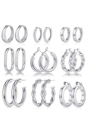 9 Pairs 14K White Gold Plated Twisted Chunky Huggie Hoop Earrings Set for Women Sensitive Ears Waterproof Thick Lightweight Fashion Accessories Jewelry Birthday Gifts for Her Mom Wife Ideas