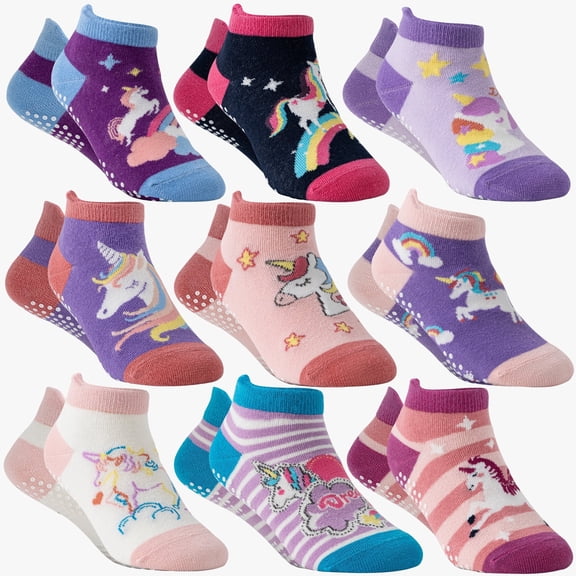 9 Pairs Baby Girls Grips Ankle Socks Kids Toddlers Infants Anti Slip Non Skid Funny Cartoon Crew Breathable Cotton Socks