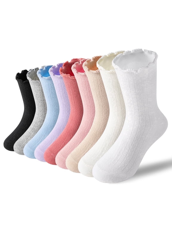 9 Pairs Girls Kids Ruffle Socks Uniform School Dress Frilly Cotton Crew Socks