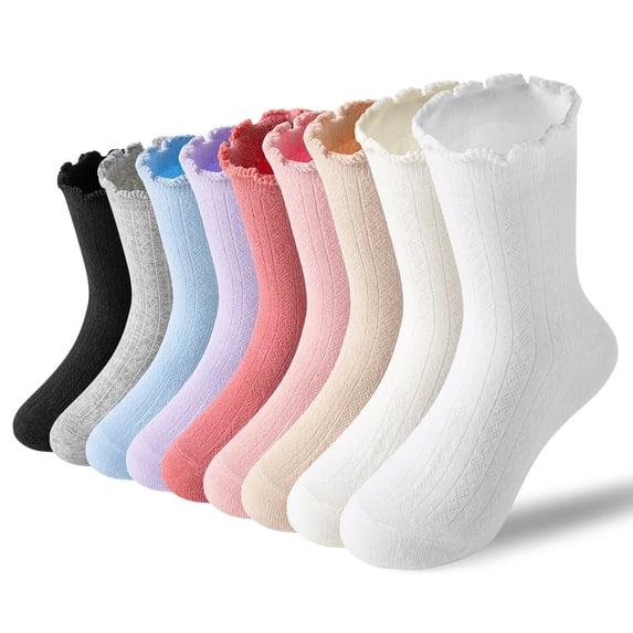 9 Pairs Girls Kids Ruffle Socks Uniform School Dress Frilly Cotton Crew Socks
