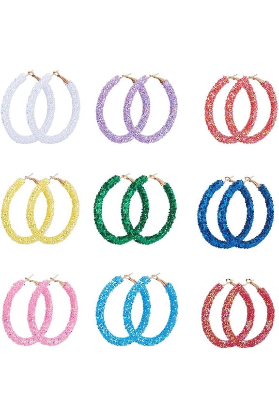 9 Pairs Glitter Hoop Earrings Shiny Hoop Dangle Earrings Sequins Wrapped Circle Earrings Sparkle Resin Round Earrings Jewelry for Women DIYDIY