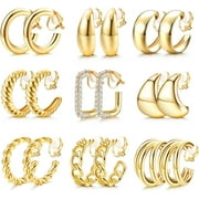 9 Pairs Gold Clip On Earrings For Women 14K Gold Plated Waterdrop Chunky Clip On Hoop Earrings No Piercing Fake Earrings Set