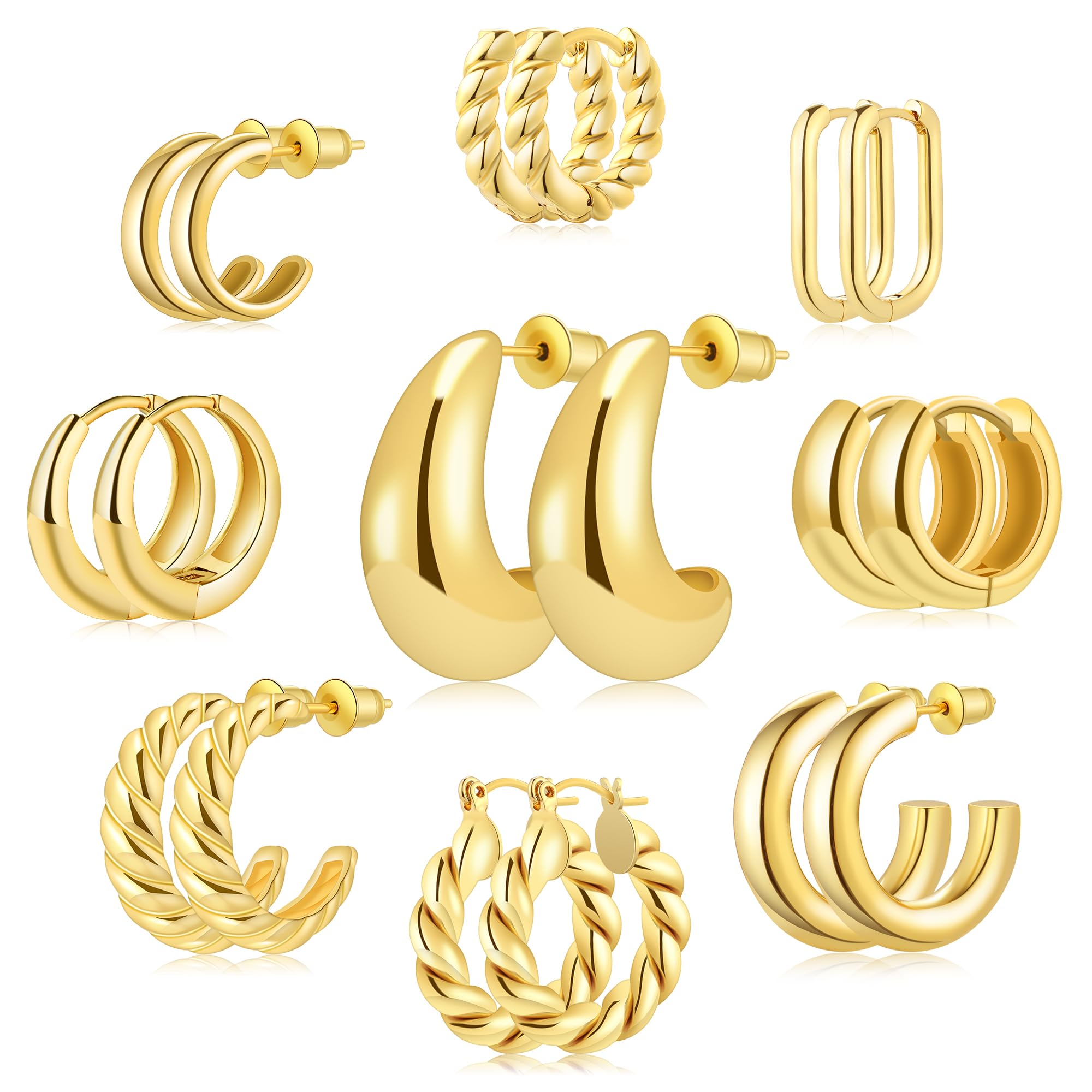 9 Pairs Gold/Sterling Silver/Rose Gold Plated Hoop Earrings Set For