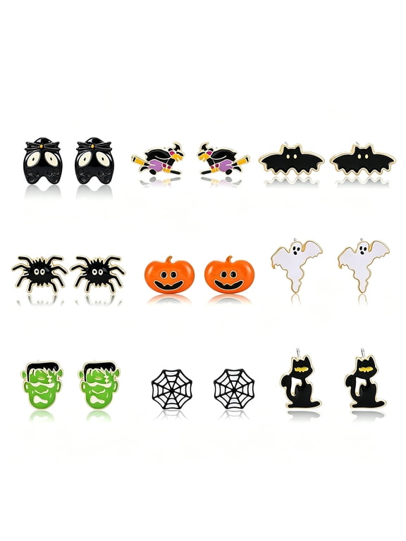 9 Pairs Halloween Earrings Studs- Pumpkin Spider Web Ghost Bat Dangle Earrings for Women, Halloween Outfits Accessories, Costume Party Favors