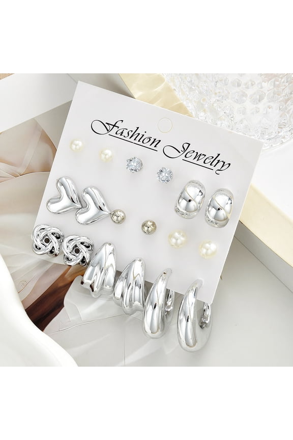 9 Pairs Hoop Earrings Bright Silver Mirror Polished Hearts Cubic Zirconia Faux Pearls Geometry Design Party Date Earrings