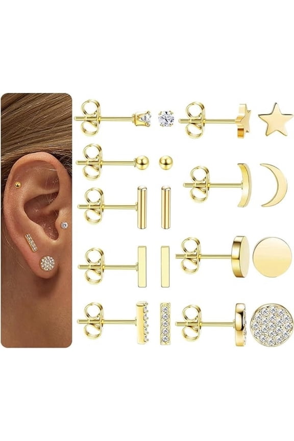 9 Pairs Hypoallergenic Stud Earrings for Women, Surgical Steel CZ Stud Earring Set, Cute Minimalist Design for Daily Wear & Gifting