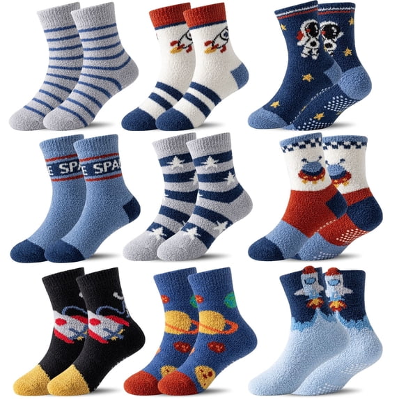 9 Pairs Kids Boys Toddlers Fuzzy Slipper Socks with Grips Non Slip Warm Fluffy Winter Thick Fun Cozy Hospital Socks