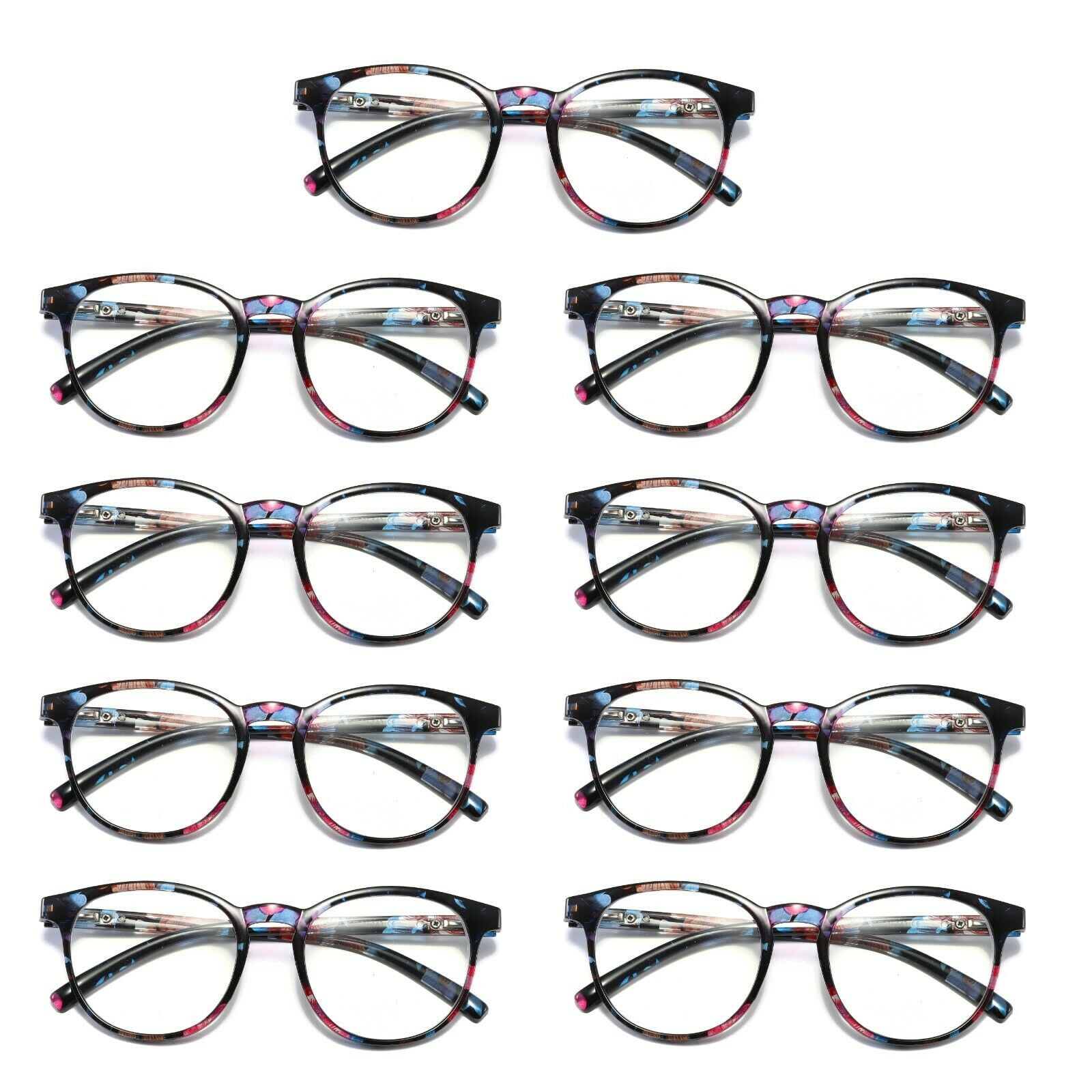 9 Pairs Ladies Womens Round Big Frame Blue Light Blocking Reading Glasses Spring Hinge Readers +4.00