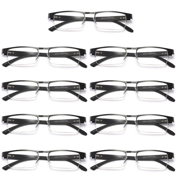 9 Pairs Mens Rectangular Metal Half Frame Reading Glasses Spring Hinge Black Readers +0.75