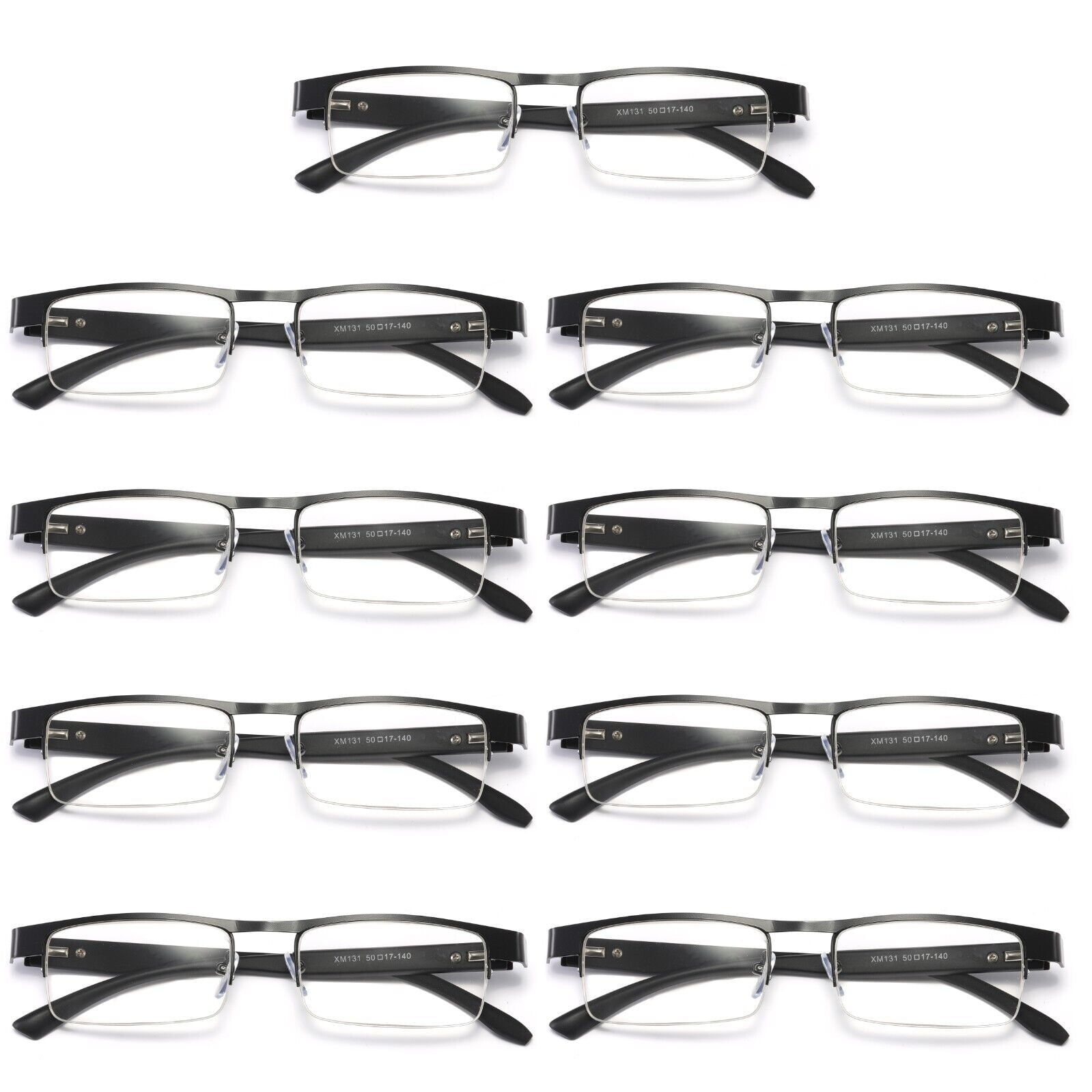 9 Pairs Mens Rectangular Metal Half Frame Reading Glasses Spring Hinge Black Readers +2.75