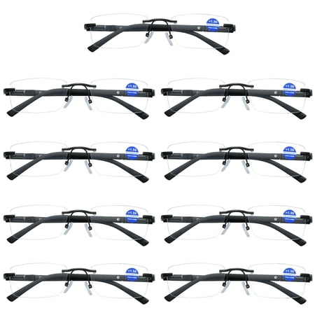 9 Pairs Mens Rectangular Rimless Blue Light Blocking Reading Glasses Spring Hinge Readers +1.00