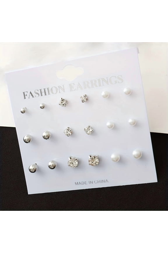 9 Pairs Minimalist Style Round Faux Pearl Stud Earrings Set Silver Plated Daily Decor Ear Jewelry
