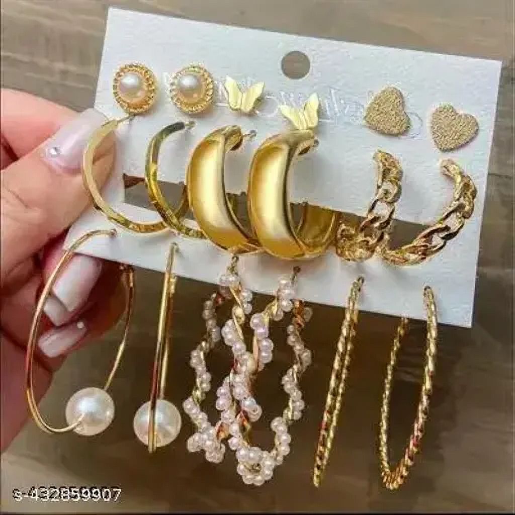 STYLO CHARMS 9 Pairs Multipack Everyday Women Earrings Gift Set in Yellow Gold Plating, Thick Open, Lightweight, Hoop Hypoallergenic Twisted Earrings for Women