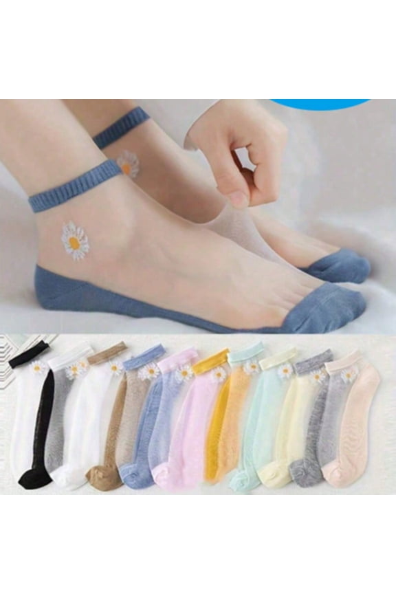 9 Pairs Of Spring And Summer Daisy Patterned Socks, Lightweight And Breathable Women's Short Stockings, Mesh Socks