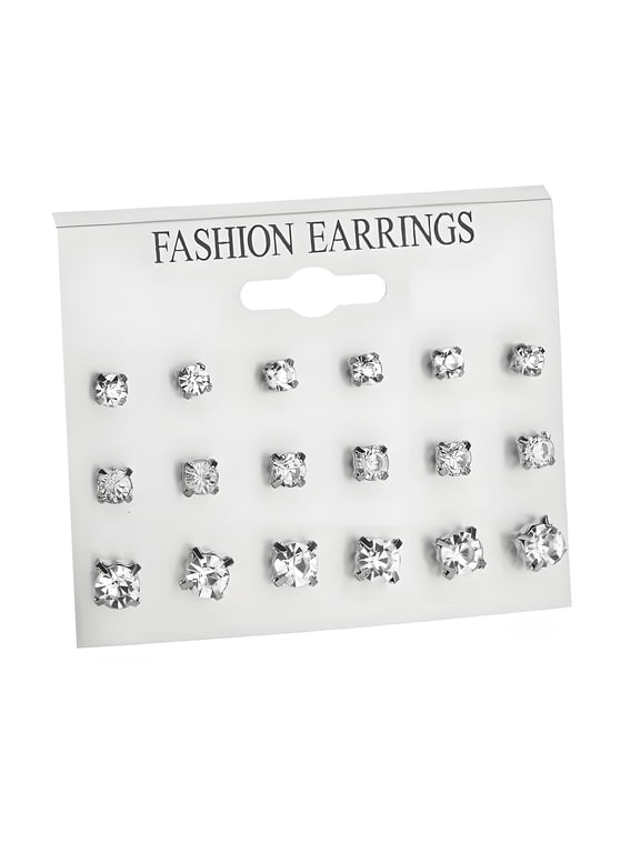 9 Pairs Silver Rhinestone Stud Earrings Set, Multiple Sizes for Women,Silver,earring sets for women