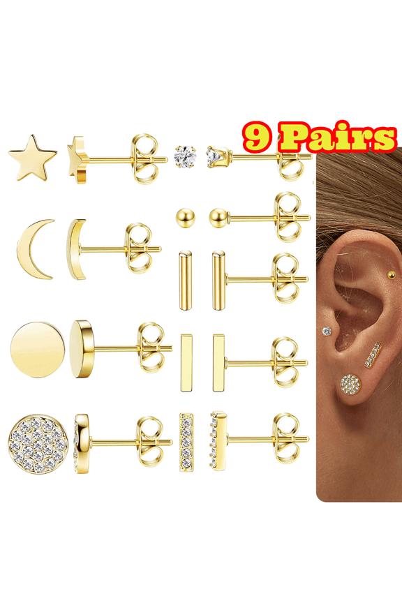 9 Pairs Stainless Steel Stud Earrings for Women, Gold Star Moon Bar CZ Stud Earring Set, Cute and Hypoallergenic