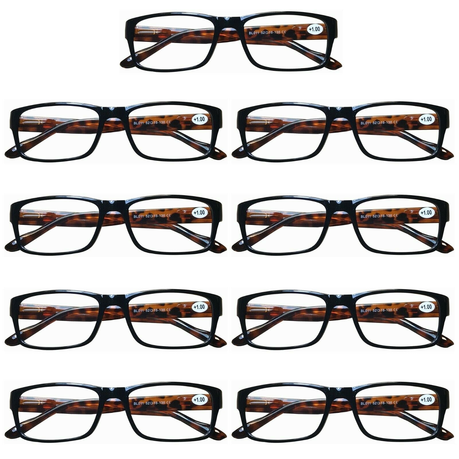 9 Pairs Unisex Rectangular Blue Light Blocking Reading Glasses Spring Hinge Readers