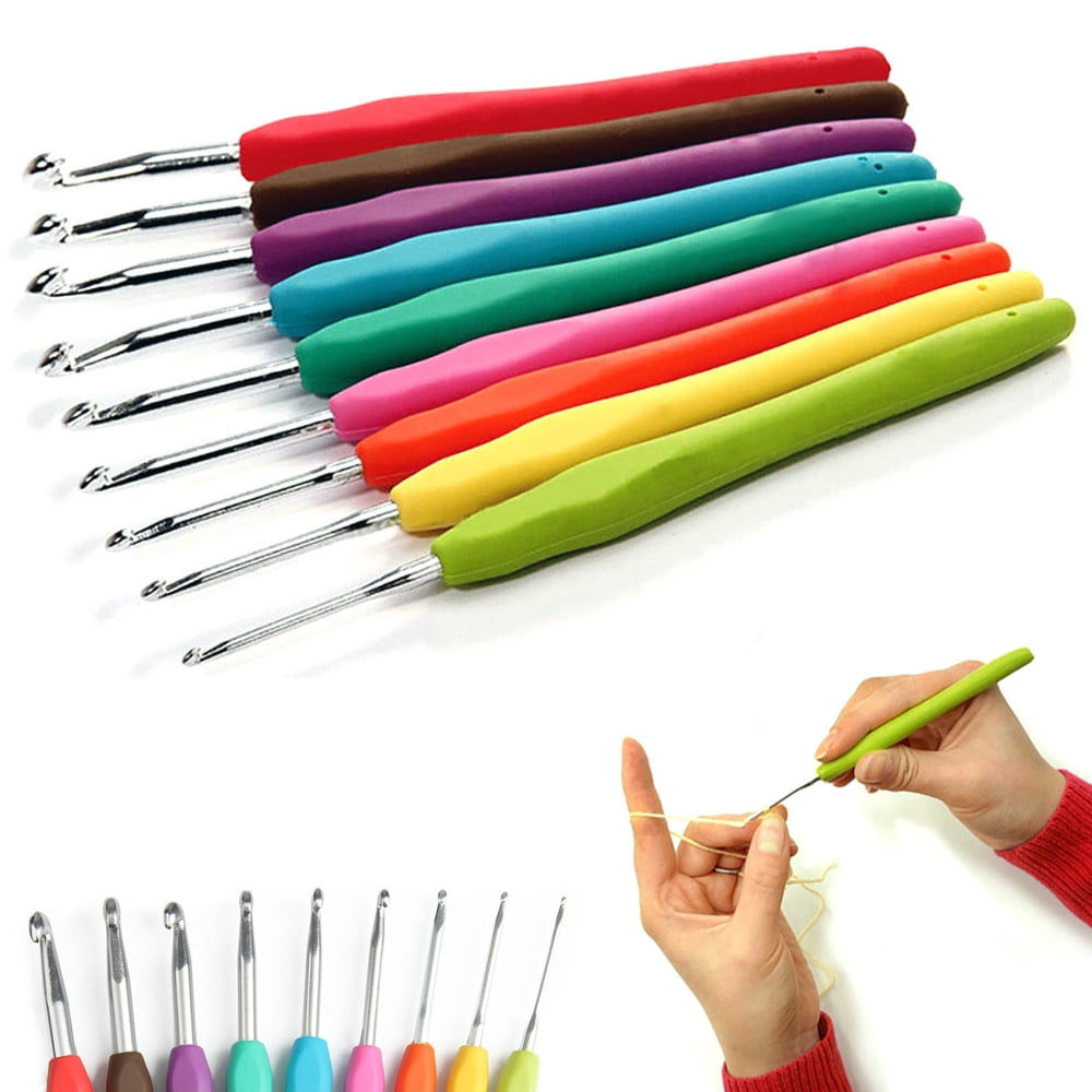 KOLE IMPORTS 9 Pc Aluminum Crochet Hooks Needles Set Non Slip Rubber Handle Craft Knitting