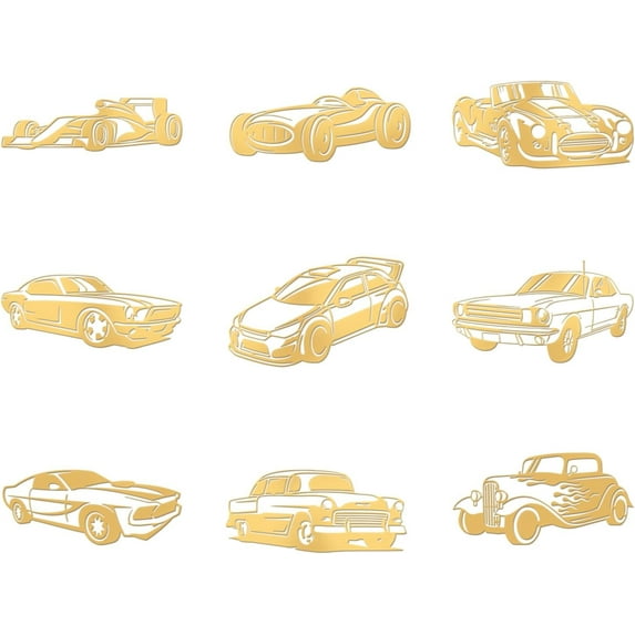 9 Pcs 1.6x1.6 Inch Car Pattern Stickers Self Adhesive Metal Stickers Golden Self Adhesive Stickers Energy Tower Stickers