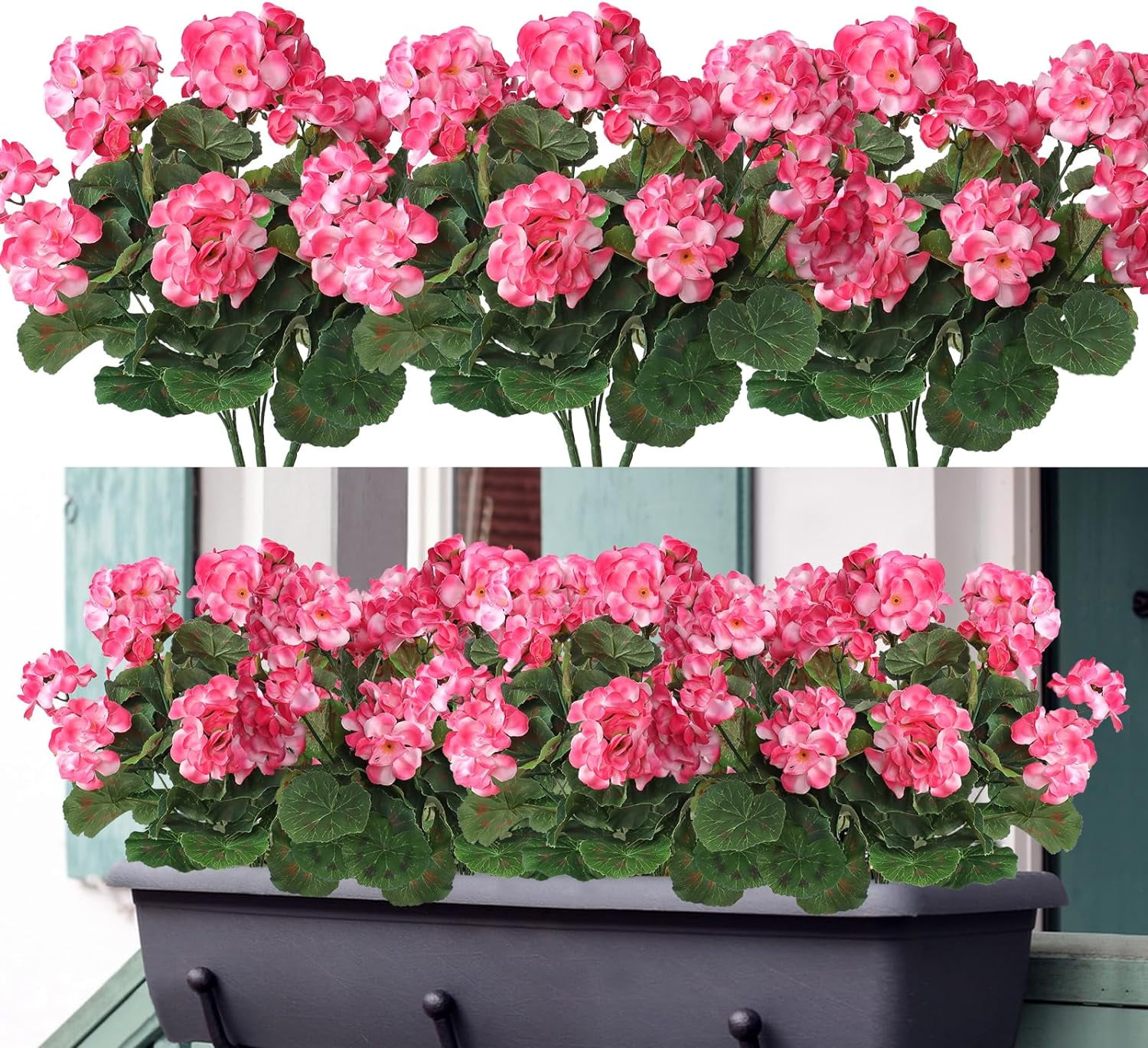 9 Pcs 14'' Artificial Geranium Silk Flower Outdoor UV Resistant Garden Plants Bush Faux Flowers for Home Wedding Kitchen Table Centerpieces Decor (Pink)
