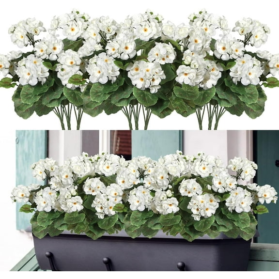 9 Pcs 14'' Artificial Geranium Silk Flower Outdoor UV Resistant Garden Plants Bush Faux Flowers for Home Wedding Kitchen Table Centerpieces Decor (White)