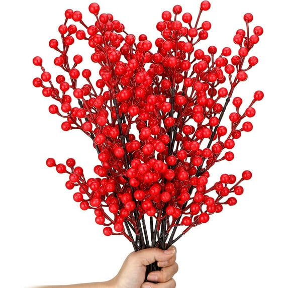 9 Pcs 16.5 Inch Berries Stems Winter Artificial Pine Picks Christmas Floral Stems Faux Floral Berry Picks Home Flower Picks for Flower Arrangements DIY Craft Festival Holiday Decor (Red) A