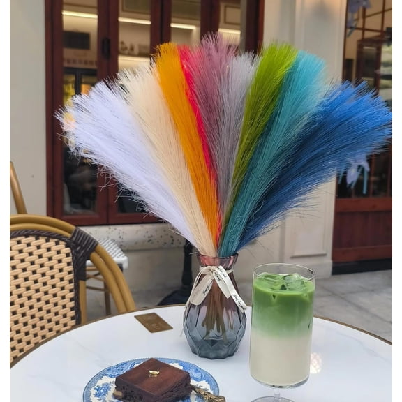 9 Pcs 17" Faux Dried Rainbow Pampas Grass Decor, Fluffy Fake Small Multicolor Pompas Artificial Pompous Short Stems Bouquet Flower Arrangement Vase Filler for Home Wedding Decoration