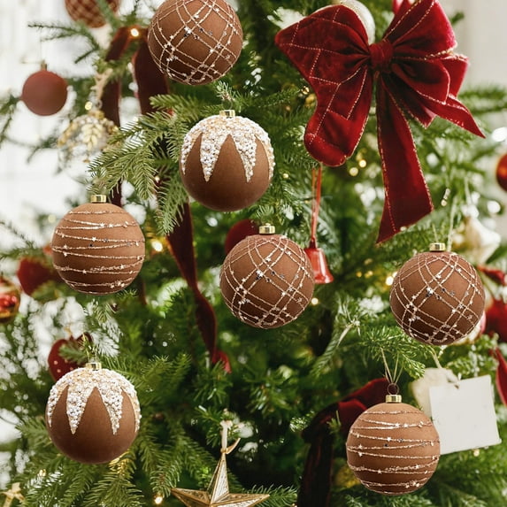 9 Pcs 3.94 Inch Flocked Glitter Coffee Christmas Ornaments – Large Matte Brown Sparkle Ball Decorations with Loops for Tree Garland Wreath, Elegant Christmas Tree Accent Gift Set