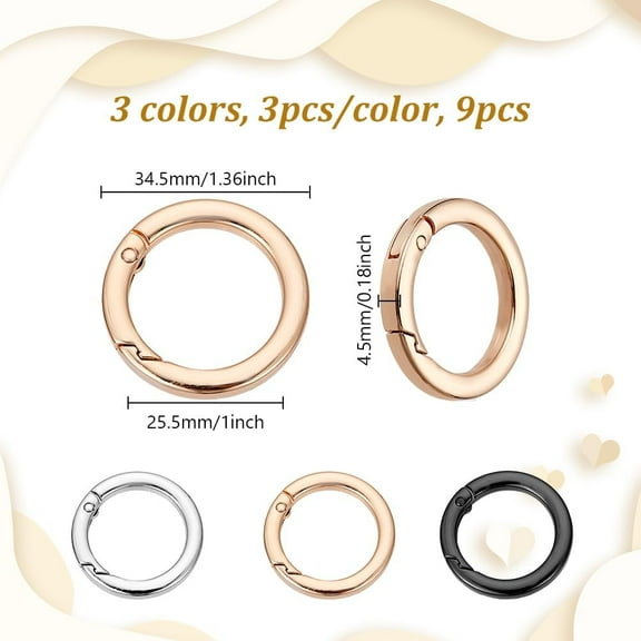 9 Pcs 3 Colors Alloy Spring Gate Rings 1.36x0.2inch Metal Spring O Rings Round Carabiner Keyring for Keychain Jewelry Making DIY Projects
