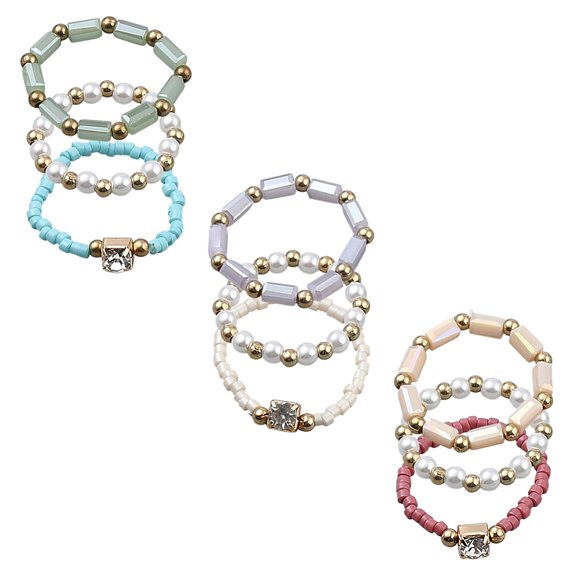 9 Pcs 3 colors Elastic Stretchy Finger Rings 16.5mm~18.1mm Boho Acrylic Rings Colorful Stackable Rings Dainty Beaded Thick Rings