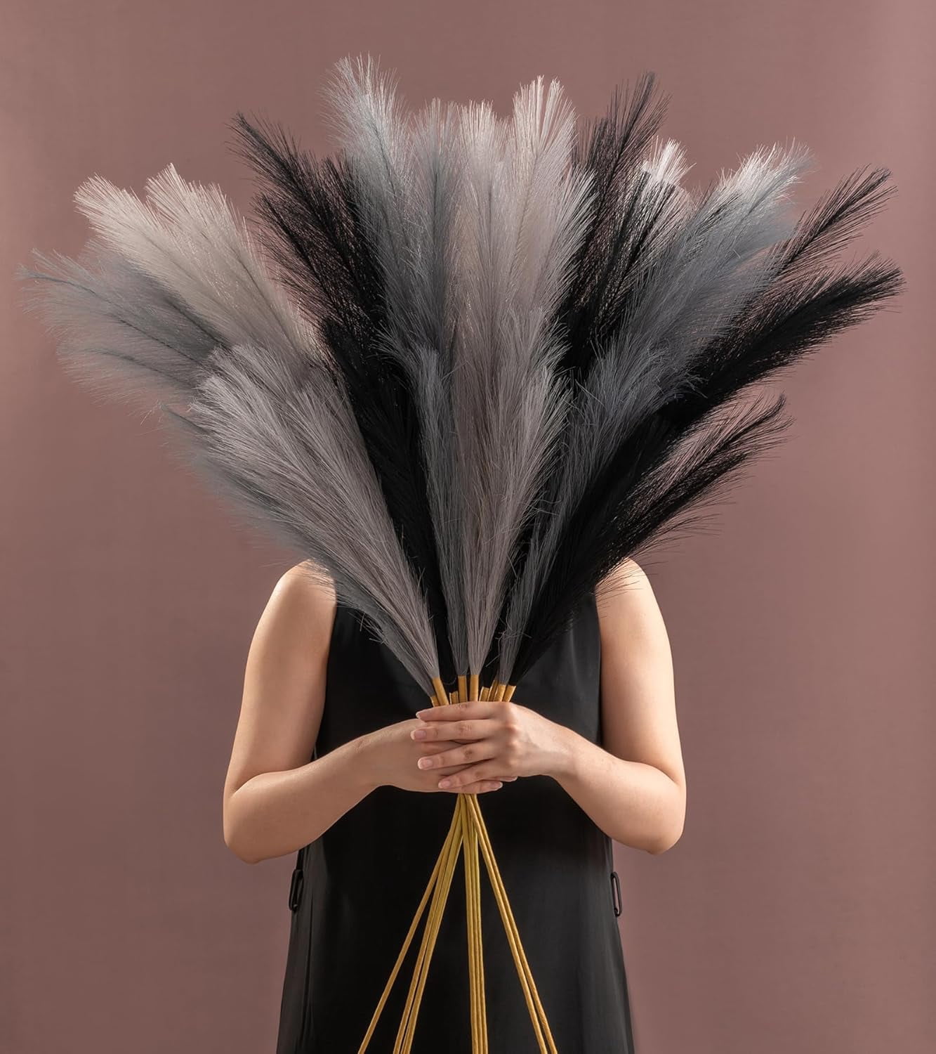 9 Pcs 45" Faux Dried Pampas Grass Tall Decor, Fluffy Fake Long Pompas Artificial Black Grey Gray Pompous Stems Bouquet Flower Arrangement Vase Filler for Boho Home Wedding Decoration